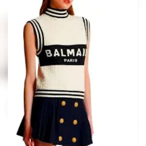 Balmain Black and Cream Textured Knit Top😍2025 runway.